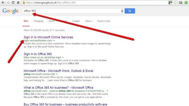 Search google for login to Office 365